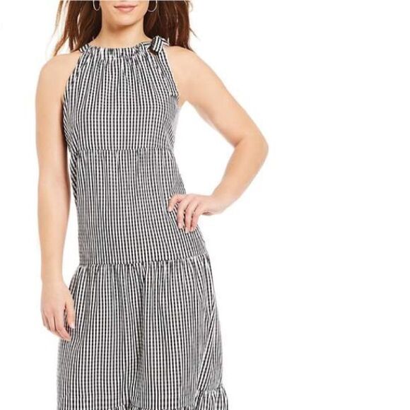 Maggy London Gingham Tied Tiered Halter Dress - Picture 1 of 5